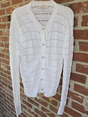 LOFT White Open-Knit Button-Front Cardigan